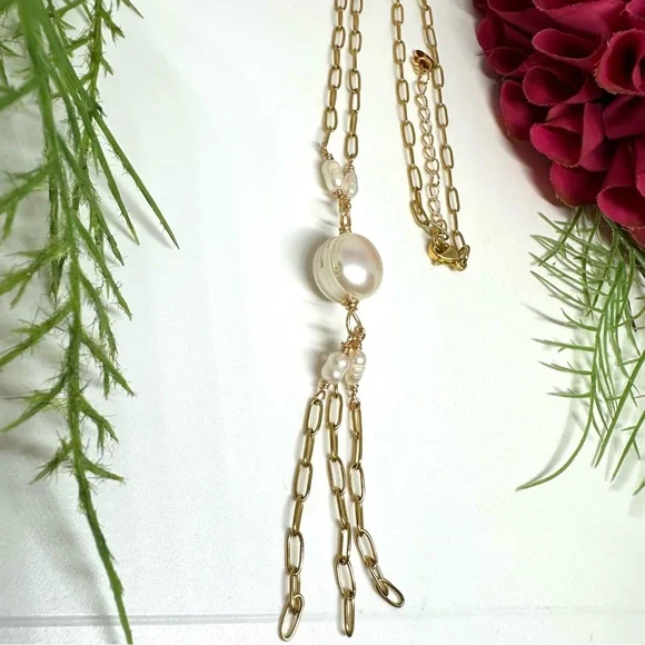 NEW⚜️Freshwater Pearl Tassel Fringe Chain Necklace - Picture 3 of 7